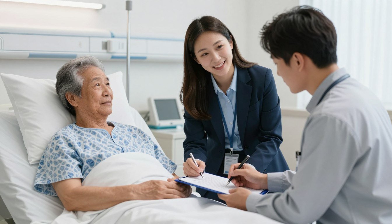 Hospital notary in Northern CO assisting patient with document signing at bedside