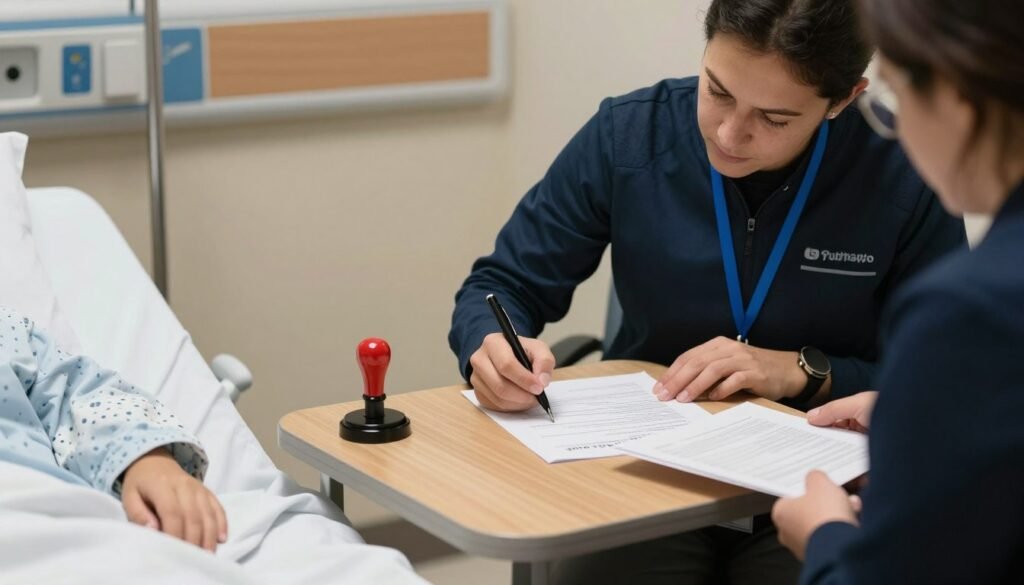 Hospital notary in Northern CO completing paperwork after bedside notarization