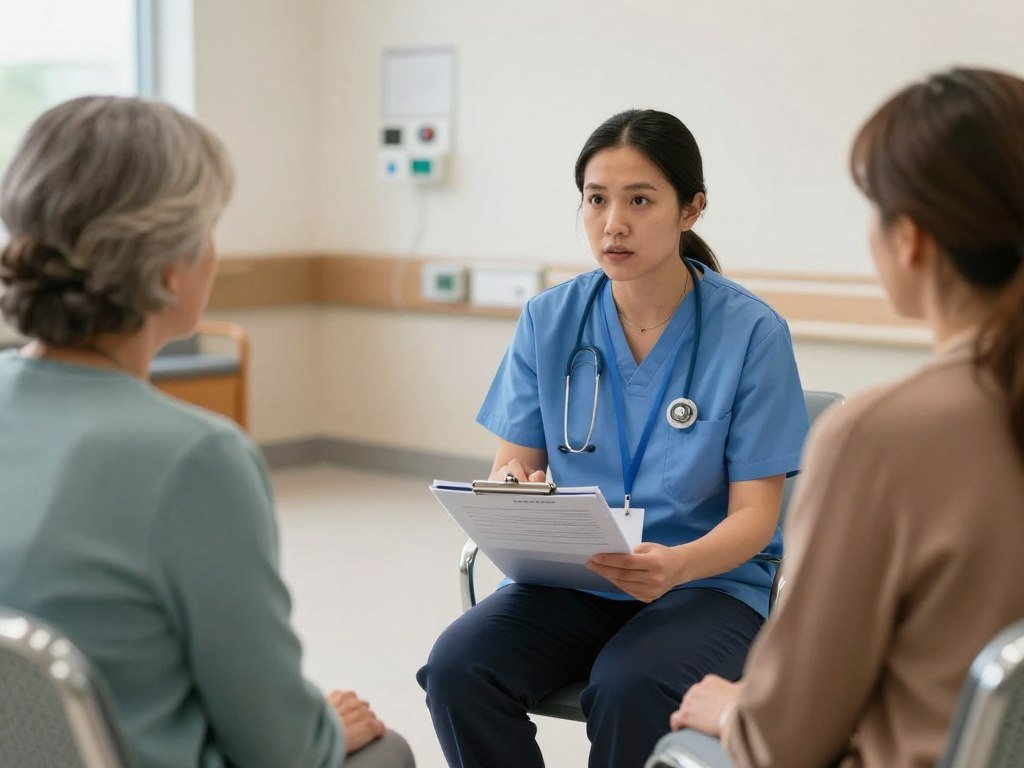 Mobile notary explaining hospital documents to family members in a waiting room