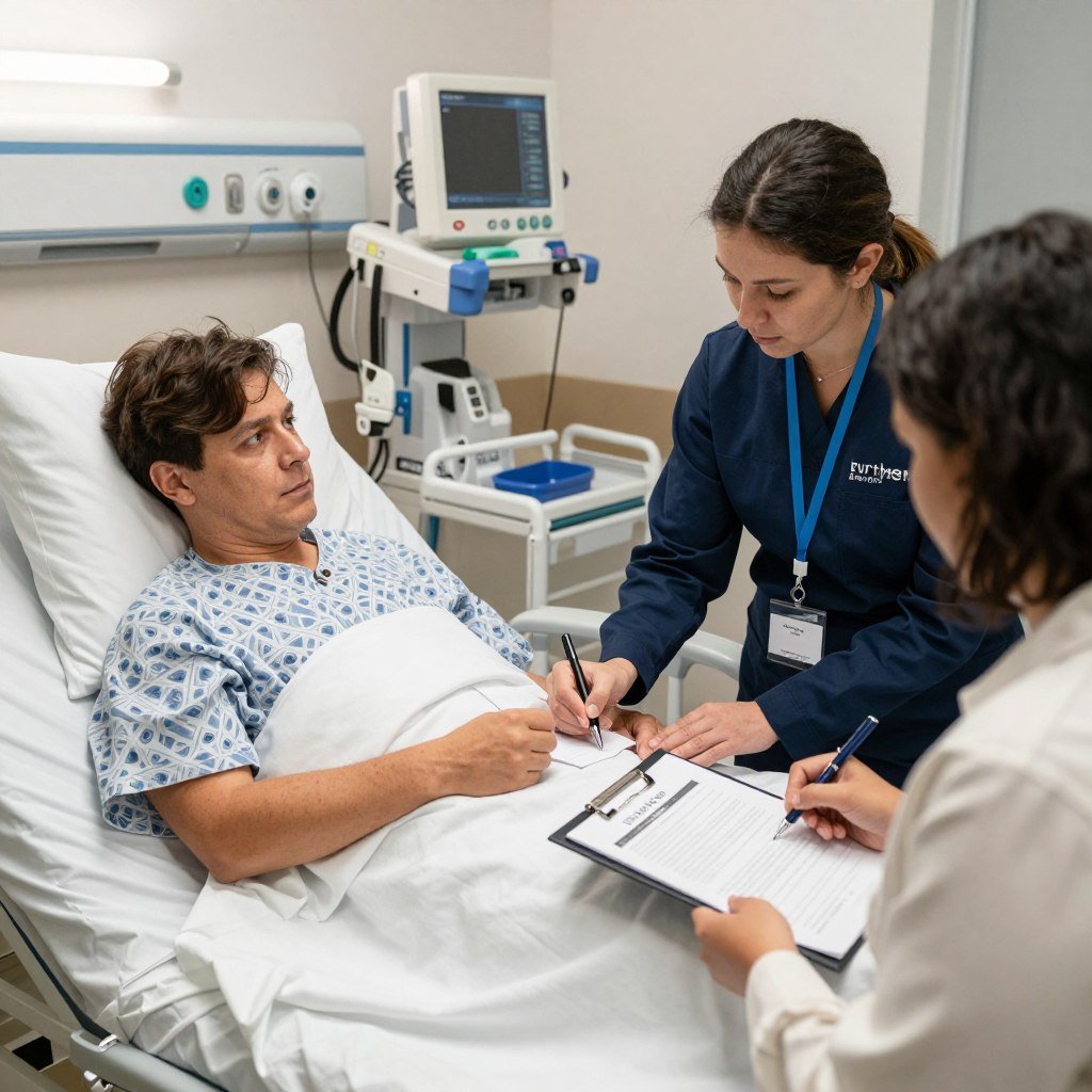 Power of attorney document being signed with notary present in hospital room