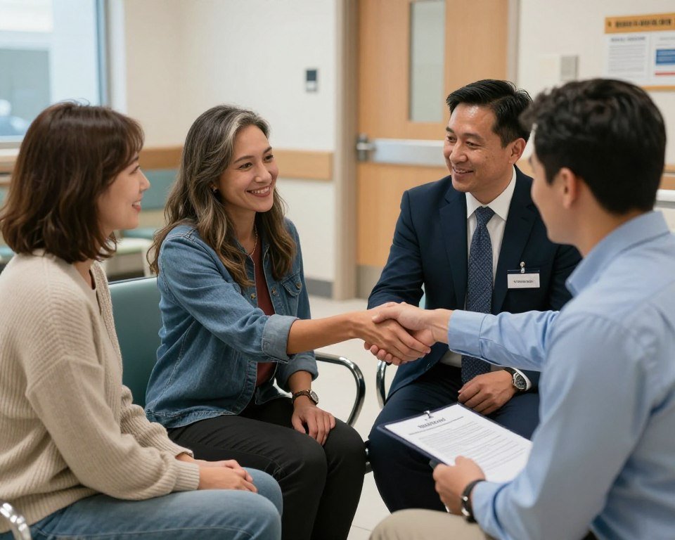 Satisfied family thanking hospital notary in Northern CO after completed service